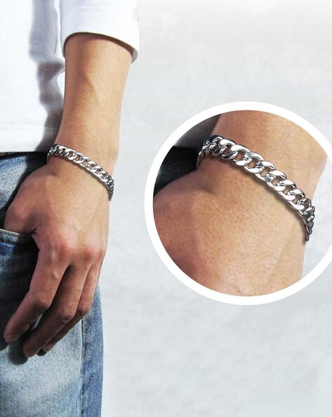 Fashion Frill Curb Chain Bracelet with Lobster Closure For Men (Silver-Toned, FS)