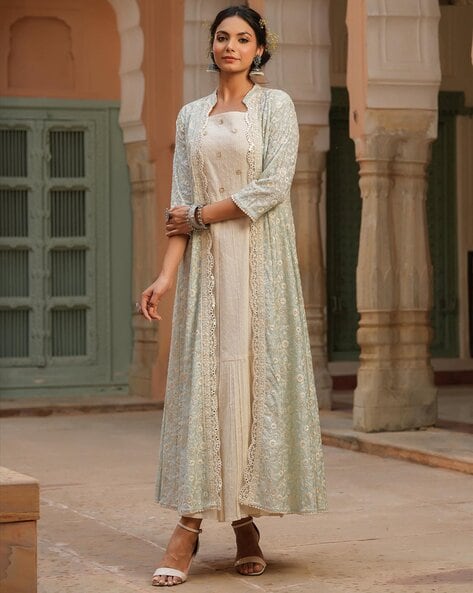 Buy Mustard Chanderi Anarkali with a Short Jacket by Designer PUNIT BALANA  Online at Ogaan.com