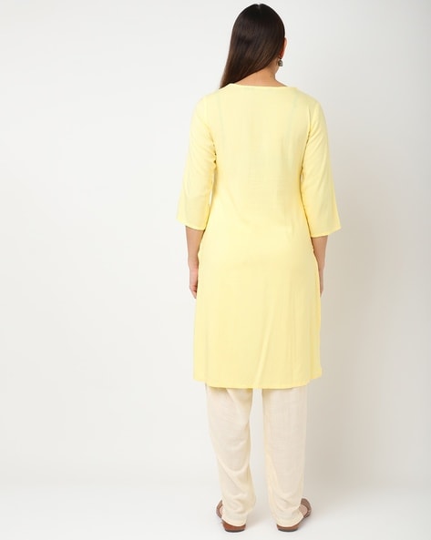 Buy Yellow Yoke Design Cotton Straight Kurta With Trousers & Dupatta Online  at Rs.1187 | Libas