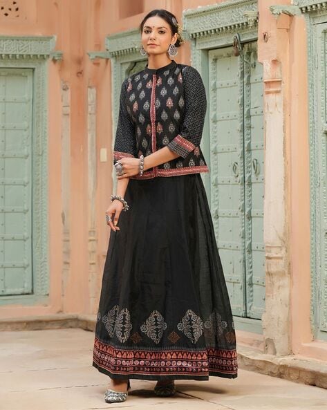 Statement Block Print Anarkali Long Dress with Stylish Jacket | JCS Fashions