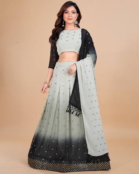 KAHIRAA WHOLETEX® Black & Grey Printed Semi-Stitched Lehenga & Blouse With  Dupatta : Amazon.in: Fashion