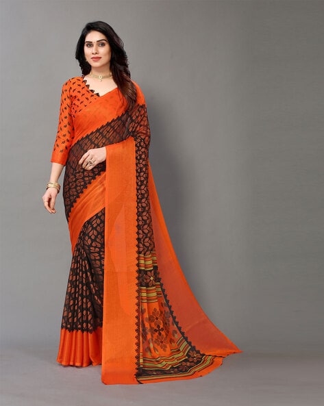 Orange Black Ikkat Sarees Get Extra 10% Discount on All Prepaid Transa –  Dailybuyys