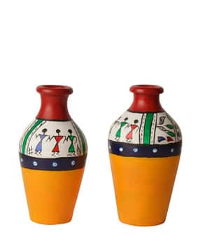 Set of 2 Terracotta Handpainted Flower Vases