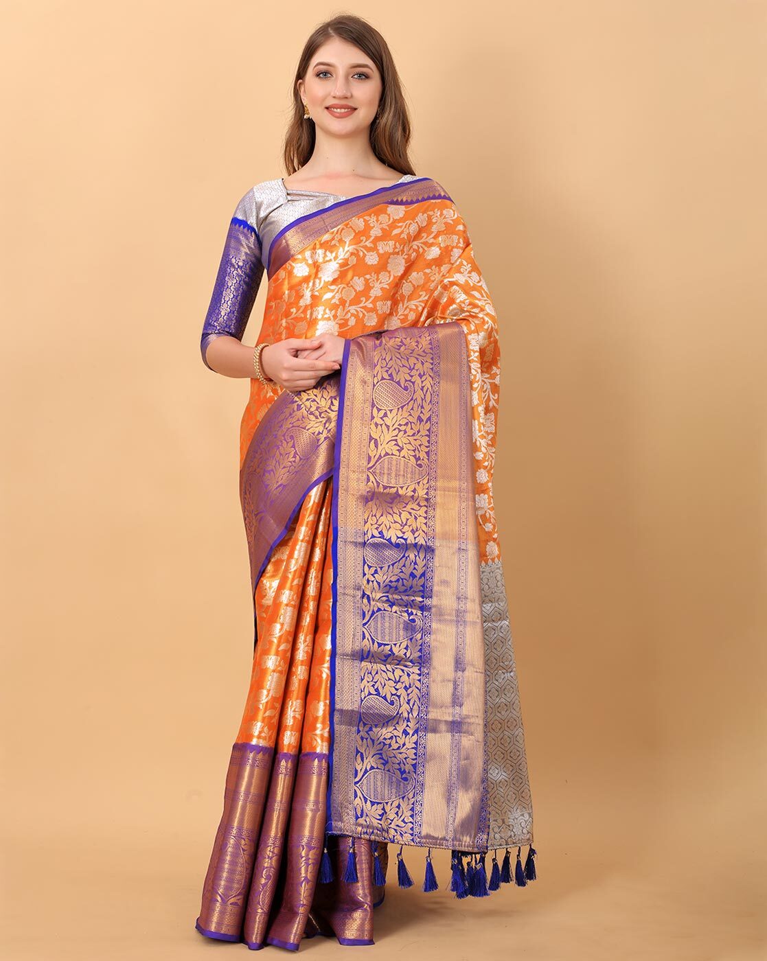 Buy Silk Zone Handloom Women's Linen Slub Saree With Contrast Blouse (SKY BLUE  ORANGE) at Amazon.in