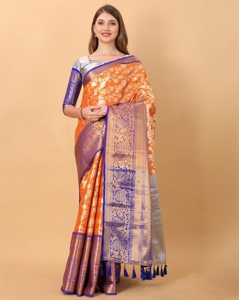 Kalgudi- Orange & Royal Blue Traditional Handloom Gadwal Wedding Pure Silk  Saree With Big Border