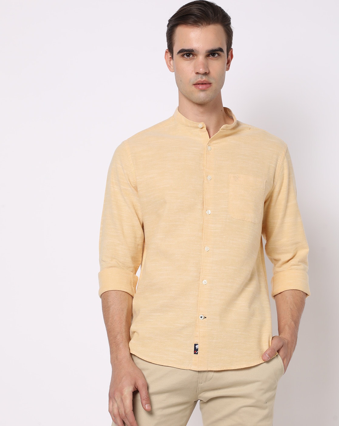 Mustard yellow best sale shirt outfit men