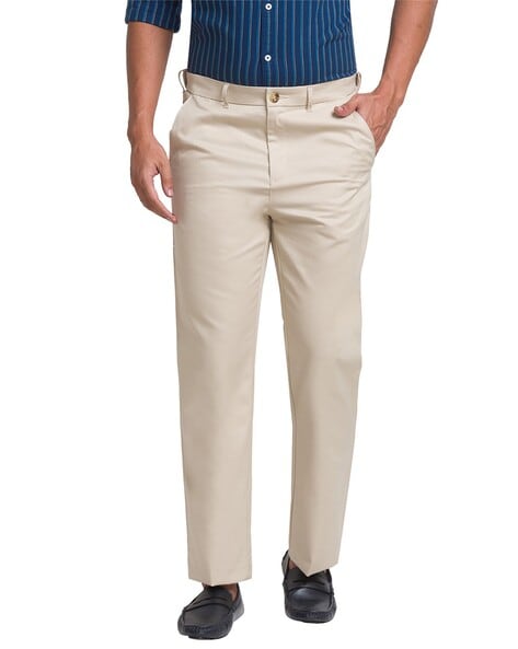 Classic Polo Mens 100 Cotton Moderate Fit Solid Cream Color Trouser