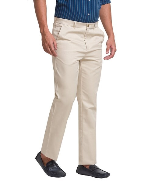 Buy Men Cream Slim Fit Solid Flat Front Formal Trousers Online - 779801