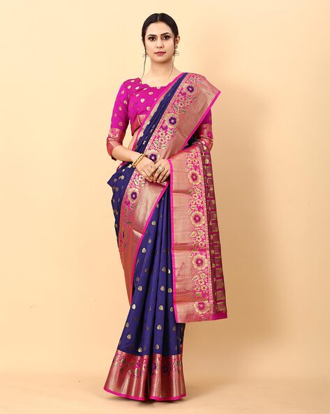 French Rose Pink and Blue Printed Patola Soft Silk Saree – MySilkLove