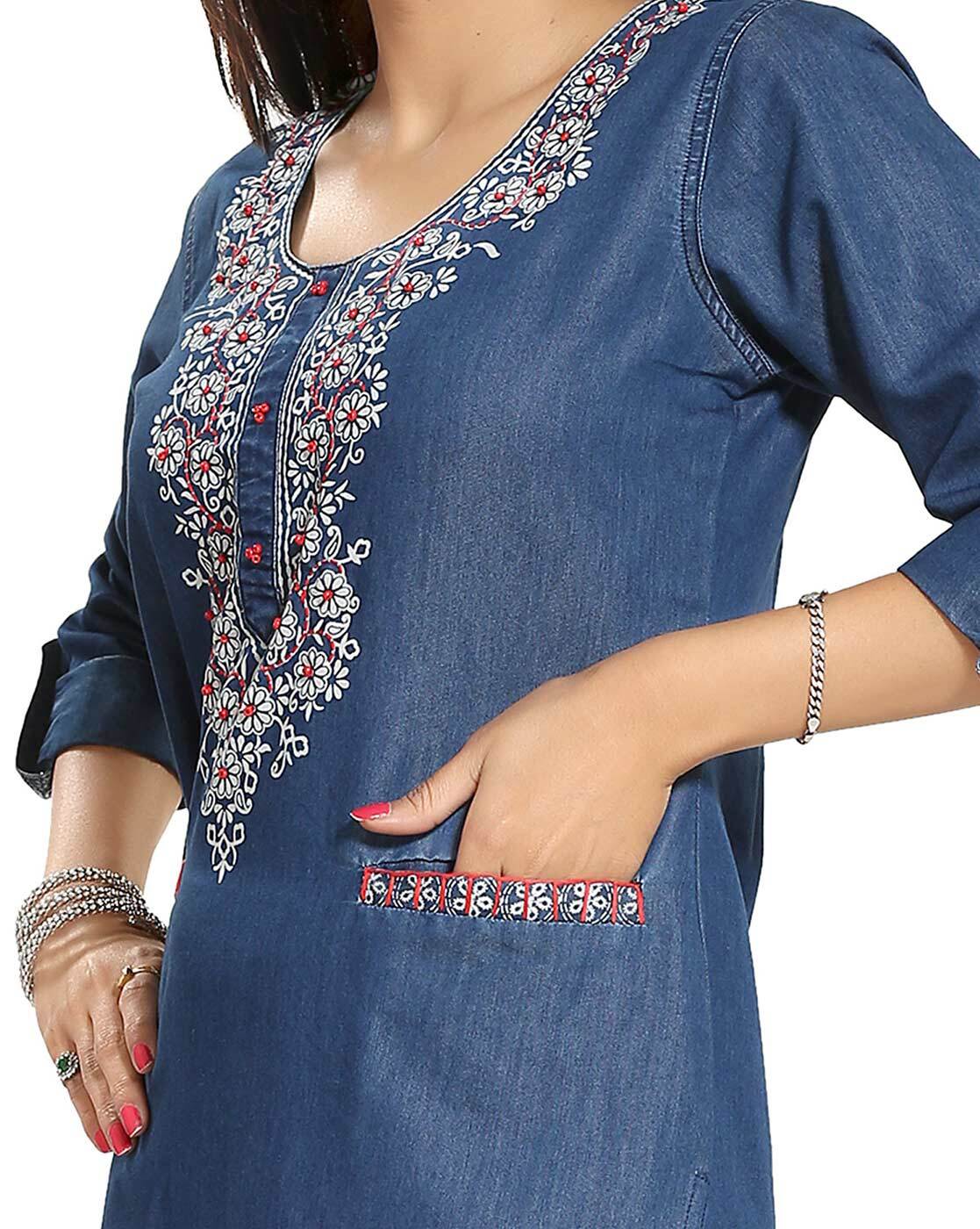 Women's Embroidered A-Line Denim Kurta (Blue) - YASH GALLERY - 3204962