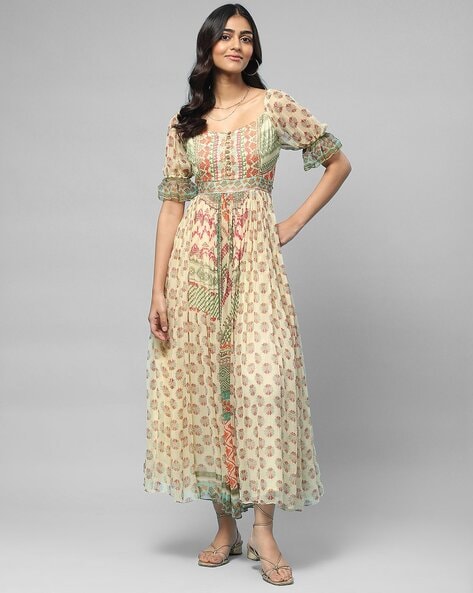 Buy Label Ritu Kumar Ethnic Motifs Print Puff Sleeve Layered Georgette A  Line Mini Dress - Dresses for Women 22374508 | Myntra