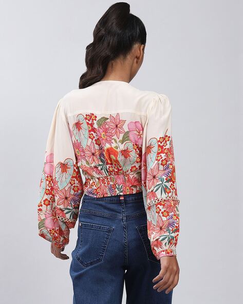 Buy Ecru Floral Print Crop Top Online - Label Ritu Kumar International  Store View