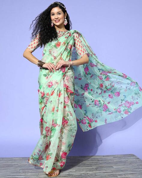 Celeste Blue And Pink Floral Pattern Digital Print Organza Saree With –  Fabcurate