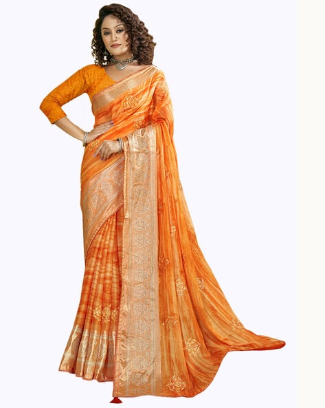 Coral Peach Silk Saree with Contrast Blouse | Peach color saree, Silk sarees  online shopping, Orange saree