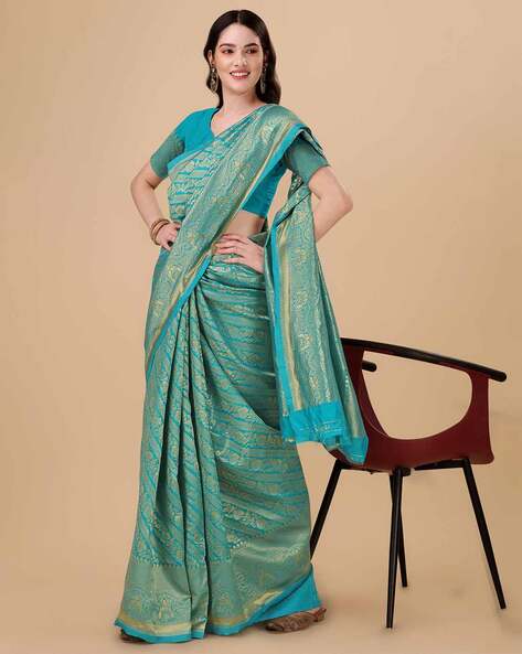 Aqua Blue Foil Print Satin Silk Trendy Saree