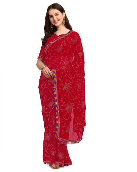 Red And Black Color Casual Look Intriguing Chiffon Printed Saree