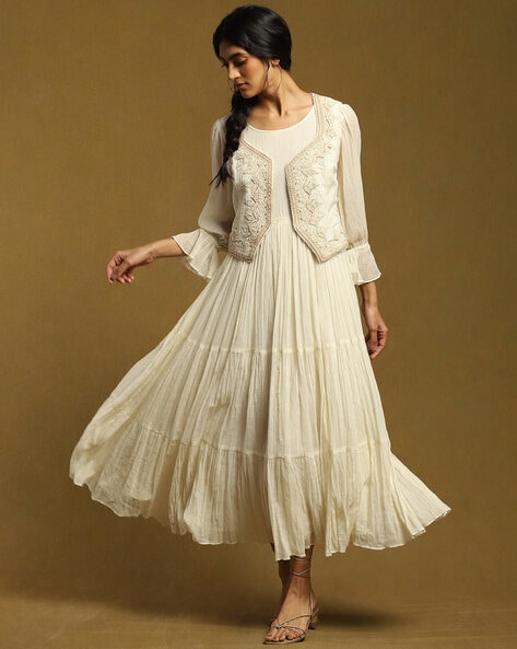 Buy White Embroidery Jacket N Yellow Taffeta Dress Festive Wear Online at  Best Price | Cbazaar