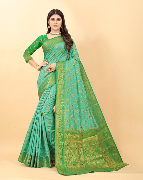 Buy Green Floral Printed Silk Designer Saree Online At Zeel Clothing