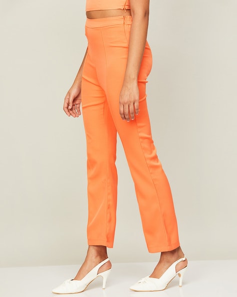 Orange Cotton Slim Fit Embroidered Cigarette Trousers For Women's - Naari -  3107488