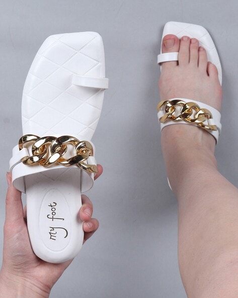 mft couture white toe ring sandals with chain accent