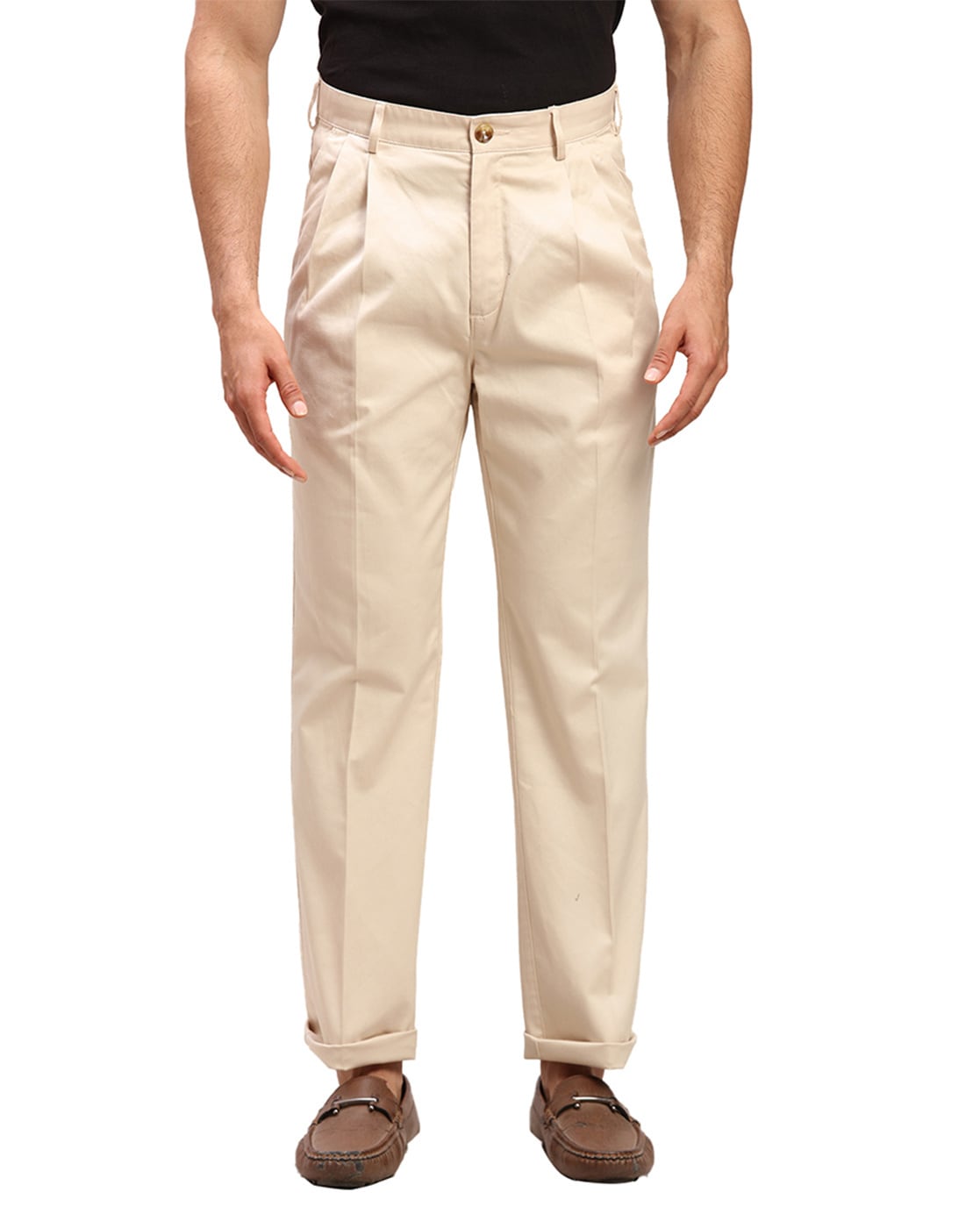 Beige Pleated Classic Fit Formal Trousers