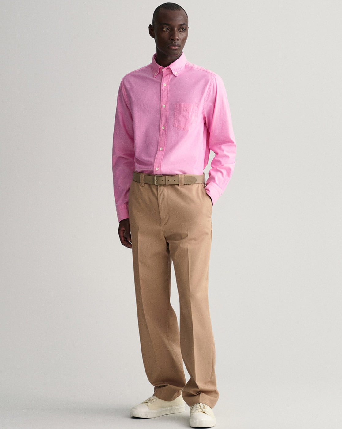 light pink shirt with khaki pants