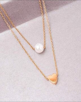 Small Heart & Pearl Double Rose Gold Layered Chain Necklace