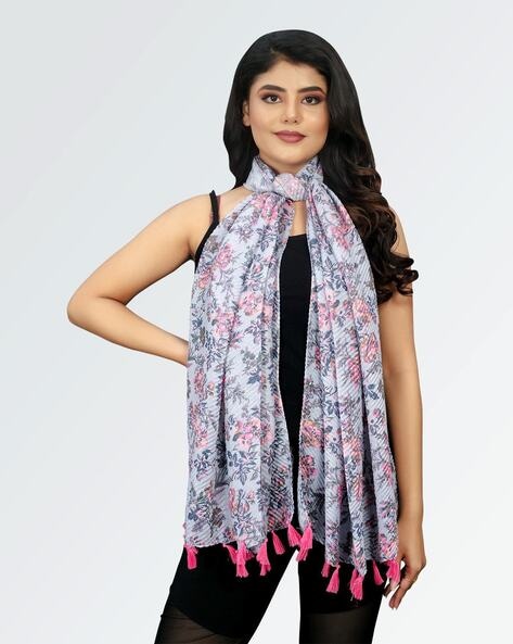 Women Floral Print Scarf with Tassels