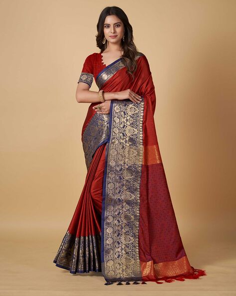 CHARUKRITI Royal Blue Cotton Silk Woven Saree With Blouse