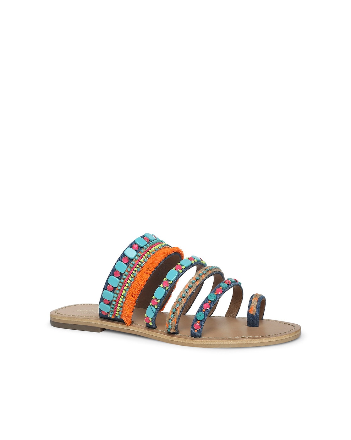 Toe-Ring Flat Sandals with Stone Applique