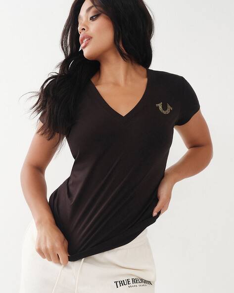 Slim Fit V-Neck T-Shirt with Embellished Logo