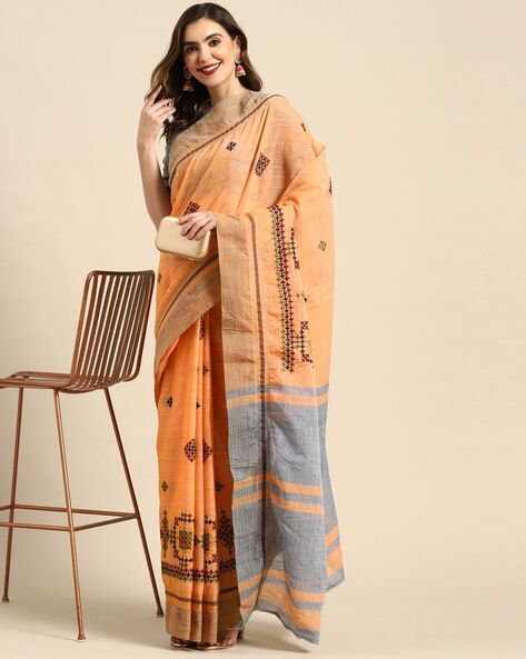 Orange pure linen saree with zari border & ikat patch on pallu – Sujatra