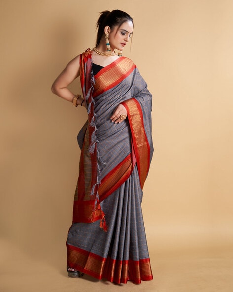 Buy Grey Red Zari Tussar Silk Banarasi Saree - House Of Elegance – House Of  Elegance - Style That Inspires