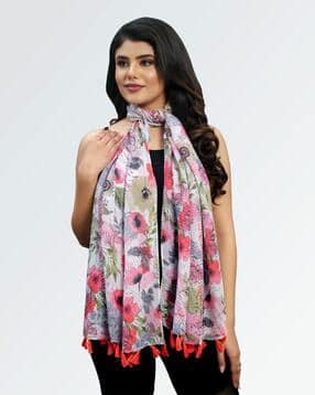 Women Floral Print Stole with Tassels-image-45