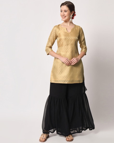 Chaderi-silk kurti with golden hand block print and with plazo-dupatta set.  | Indian clothes women, Clothes collection, Silk kurti