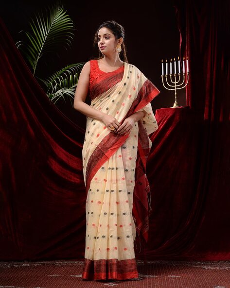 Cream and Red Patola Silk Trendy Saree