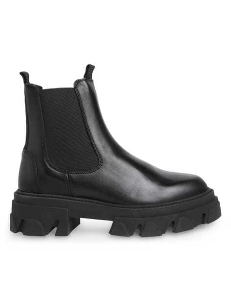 Ladies Boots Aldo Black Leather Ankle Boots Slip-On Chelsea Boots