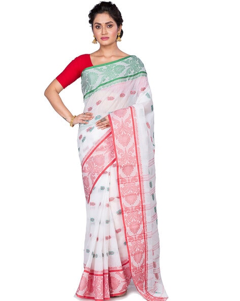 Buy dB DESH BIDESH Women`s Pure Cotton Handloom Bengal Tant Saree With  Sakuntala Printed Zori Design Without Blouse Pcs. (Sky Blue Off-White) at  Amazon.in