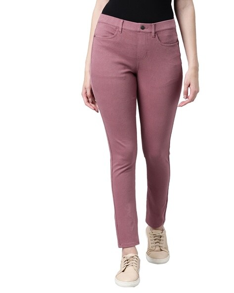 Buy GO COLORS Women Purples Mid Rise Solid Cotton Ankle Length Leggings - S  at