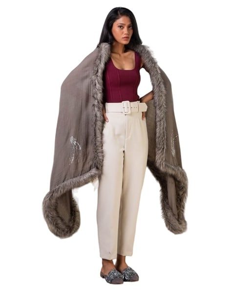 Embellished Shawl with Faux Fur Price in India