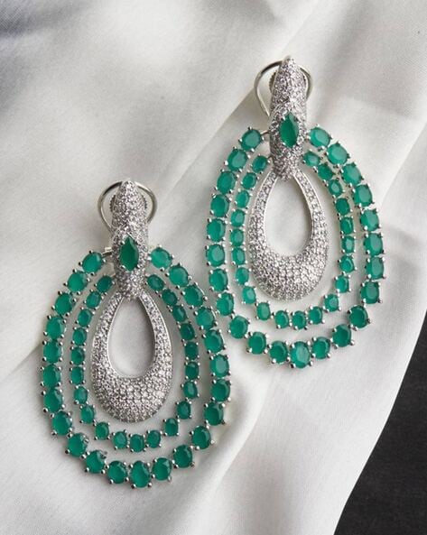 Pista green color american diamond earrings - Jaipur Mart - 4225118