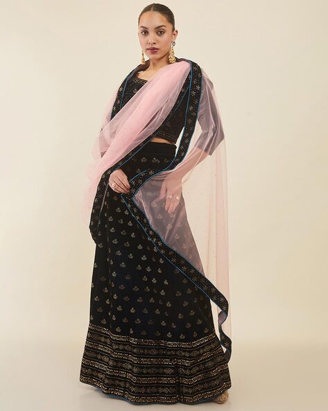 Black Reyon Lehenga with Gotta Patti Work & Blouse with Real Mirror Work &  Maslin Crochet Printed Dupatta Set - Lotus Lehenga Choli