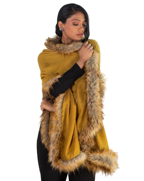 Embellished Woolen Shawl with Fur Trim Price in India