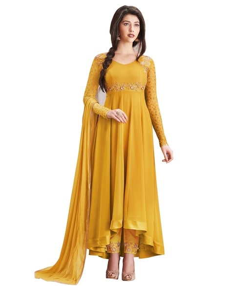 Buy Yellow White Embroidered Crepe Printed Anarkali Dress with Net Dupatta  - Set of 2 | IGTKR010/IGT1 | The loom