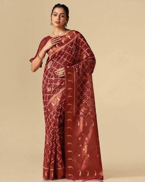 SATRANI Paisley Print Saree with Tassels