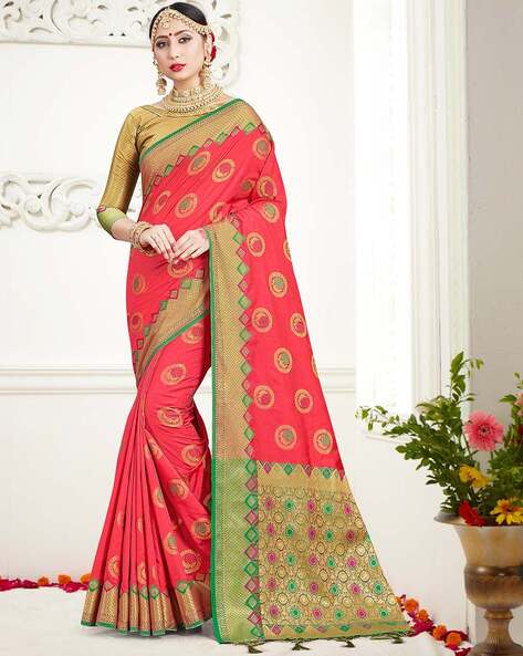 Buy Monjolika Fashion Peach Woven Silk Traditional Saree With Unstitched  Blouse online