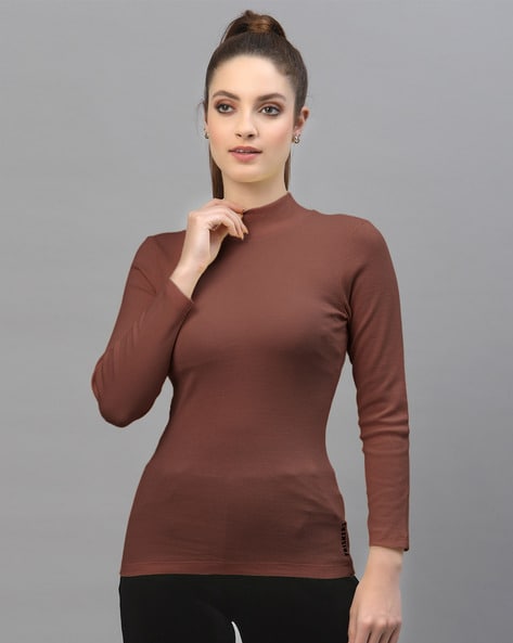 Ribbed Long-sleeved Top - Dark brown - Ladies