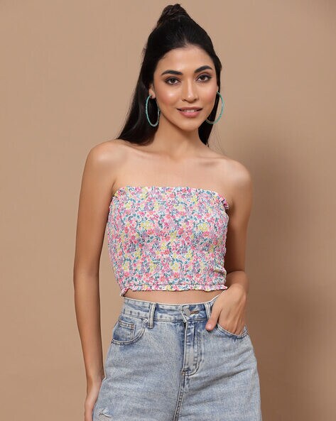 BRANDY MELVILLE Smocked Floral Light Pink Cleo Cropped Tube Top One Size  NWOT