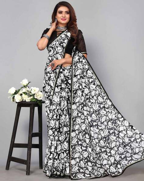 Buy White Saree With Floral Prints And Unstitched Blouse Piece