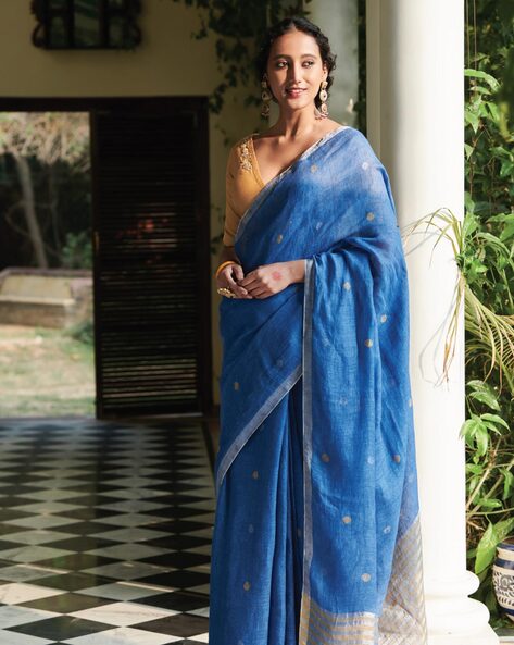 Buy PuJoy Women`s Cotton Traditional Bengali Woven Than Plain Handloom Saree  (Naby Blue) Online In India At Discounted Prices